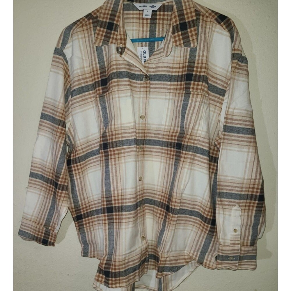 Old Navy Shirt Womens Sz Large Tan Black Button Up Boyfriend Fit Flannel NIB NEW